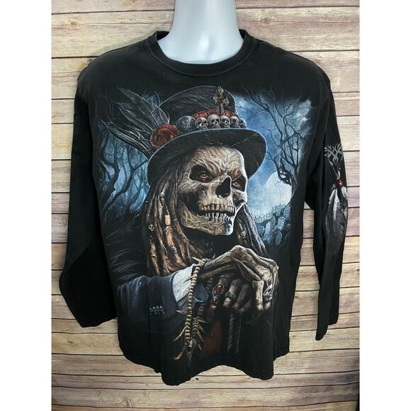 Skeleton Witch Doctor Dual Sided Graphics Long Sleeves T-Shirt Large Voodoo - Picture 2 of 13